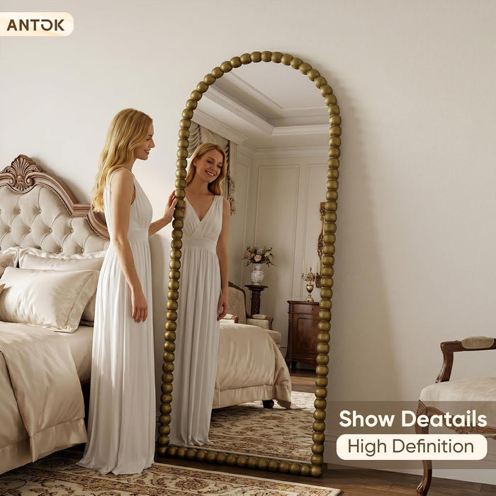 71" X 28" Arched Full Length Mirror, Antique Beaded Frame Floor Standing or Wall Mounted Mirror with Stand for Bedroom, Entryway, Bronze, Luxury Style