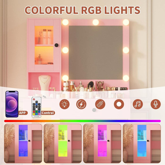 Makeup Vanity Desk with Mirror and Lights, Vanity Table with Charging Station, 2 Open Compartments, 2 Acrylic-Door Cabinets, and RGB Lights Wood Dressing Table for Bedroom
