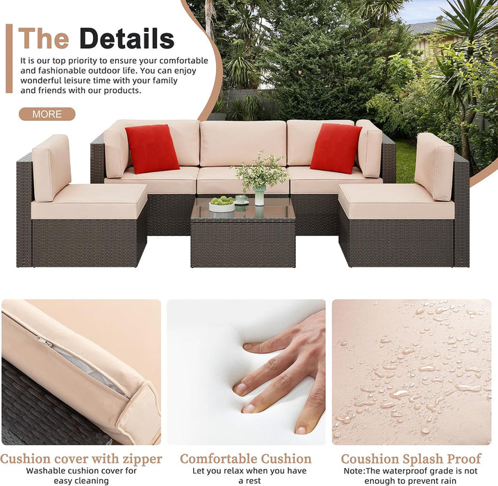 6 Pieces Patio Furniture Set Outdoor Couch Wicker Sectional Sofa, Beige