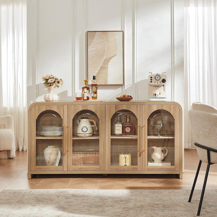 65" Sideboard Buffet Cabinet with Arched Glass Doors, Natural | Modern Wood Sideboard, Spacious Storage Credenza, Adjustable Shelves, Living Room Accent Cabinet, Dining Room & Entryway Use