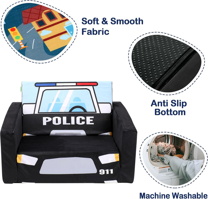 Kids Sofas Toddler Couch Bed Baby'S Upholstered Chair Sleepover Couch Flipout Open Recliner(Black/Police Car)