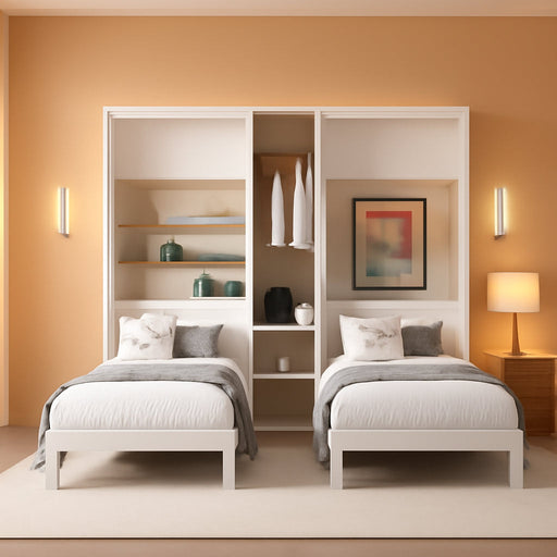 Twin Size Metal Murphy Bed with Wardrobe and Shelves, 2 in 1 Foldable Wall Bed with Power Outlets, Space-Saving Design (Pure White)