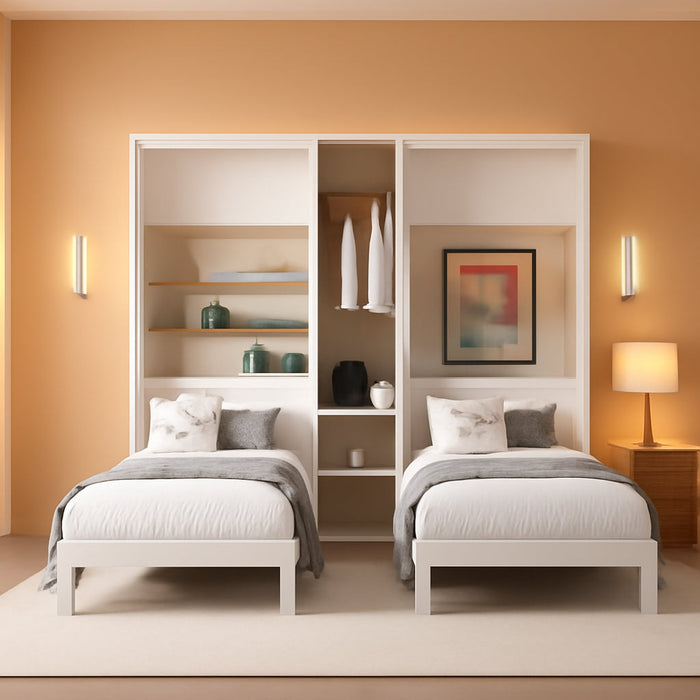 Twin Size Metal Murphy Bed with Wardrobe and Shelves, 2 in 1 Foldable Wall Bed with Power Outlets, Space-Saving Design (Pure White)