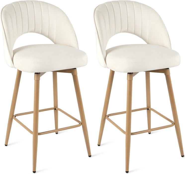 Swivel Bar Stools Set of 2, Counter Height Barstools for Kitchen Island, 26" Seat Height Bar Chairs for Dining Room, Velvet Upholstered Bar Stool with Back and Footrest, White