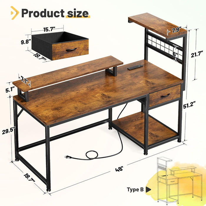 48" Computer Desk with Power Outlets & LED Lights, Gaming Desk with Drawer & Storage Shelves, Reversible Home Office Desk with Monitor Stand, for Living, Study Room, Gaming Room, Rustic Brown