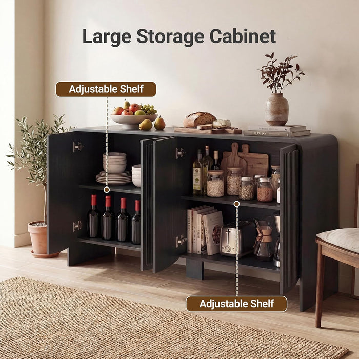 Fluted Sideboard Buffet Cabinet with Storage,58" Modern Sideboard Cabinet with Curved Design & Adjustable Shelves,Wood Console Table for Living Room,Entryway,Kitchen,Black