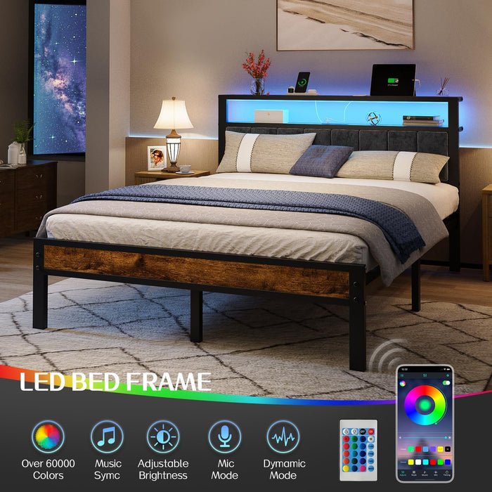 Queen Size Bed Frame with 2-Tier Storage Shelf Headboard, LED Lights