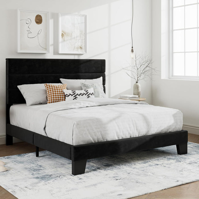 Full Platform Bed Frame with Velvet Upholstered Headboard, Mattress Foundation with Strong Wooden Slats Support, No Box Spring Needed, Black