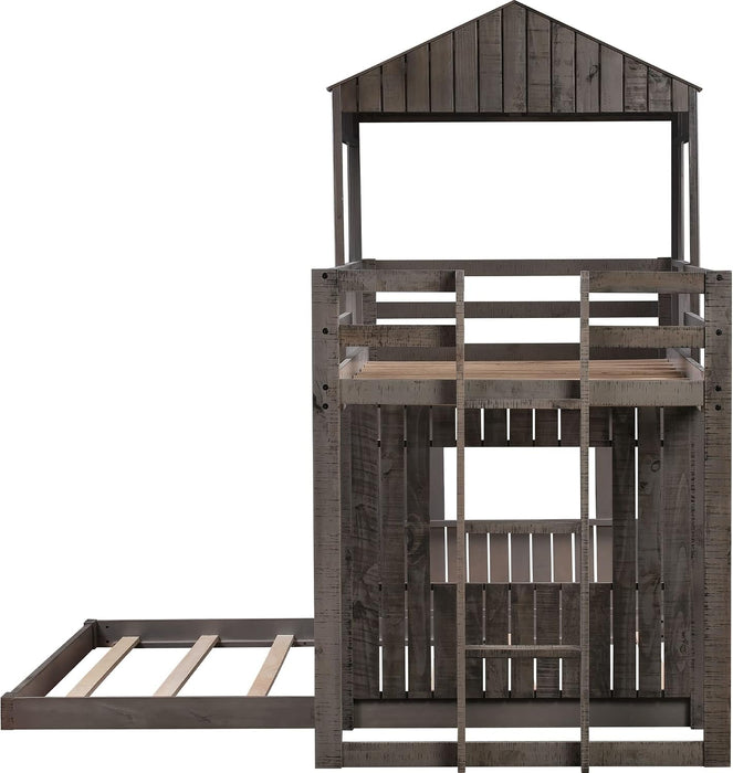 Antique Gray TwinOverFull BunkBedWithRoofAndGuardrails