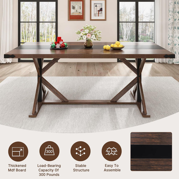 71" Farmhouse Dining Table for 5 6 8 People, Rectangular Kitchen Table W/Thickness Waterproof Wood Grain Tabletop (Brown, 71 X 35.4 X 30 In)