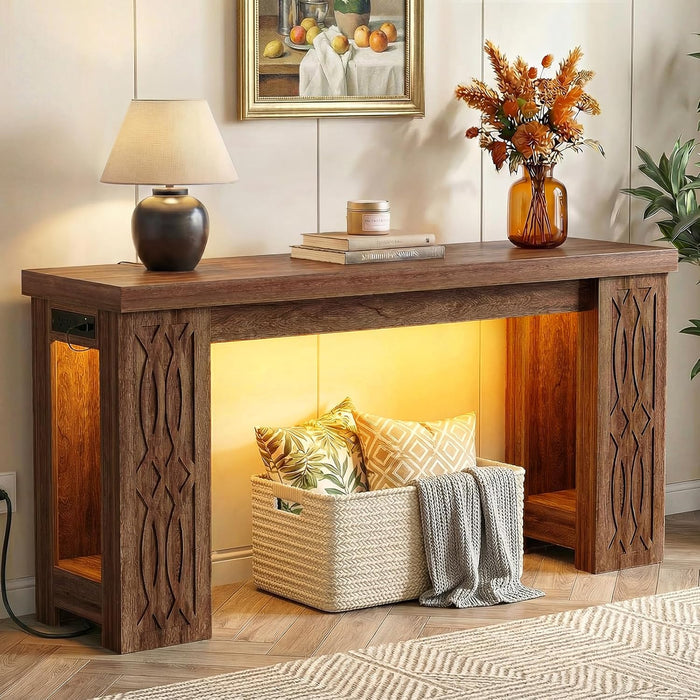 63" Console Table with Outlet, Farmhouse Entryway Table with Colorful LED Lights, Wooden Sofa Table with Unique Carved Design, Foyer Accent Table for Entrance, Hallway, Living Room