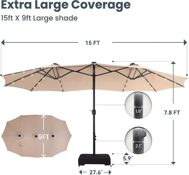 15Ft Large Patio Umbrella with Base&Solar Lights,Rectangle,Beige | Outdoor Double-Sided Rectangular Umbrella with Stand, 36Pcs LED Lights, Triple Head, Heavy Duty, UV Resistant, for Outside