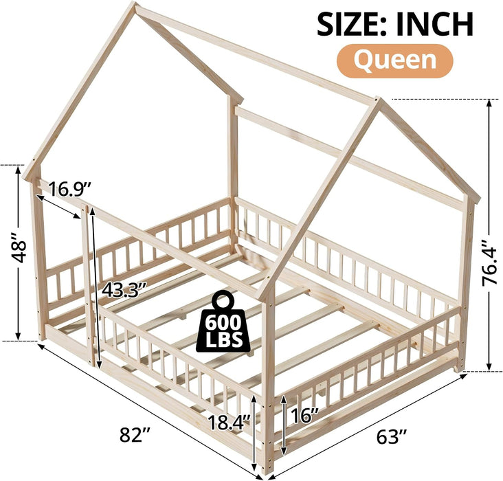 Queen Size Montessori Floor Bed Fence NaturalFinish