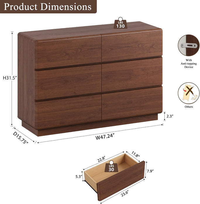 Walnut 6 Drawer Dresser for Bedroom, 47" Wide Chest of Drawers