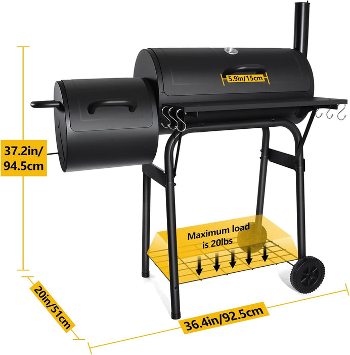 Outdoor Charcoal Grill with Smoker,  14Inch Wide Charcoal Grill with Offset Smoker for Backyard Party Cooking, 438 Sq.In. BBQ Cooking Surface,Black