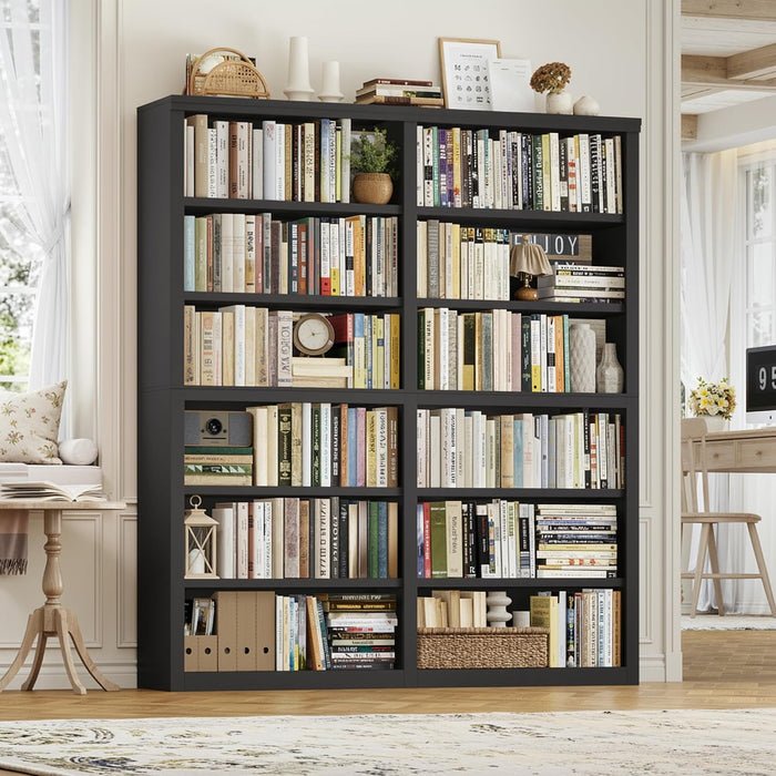 73" Tall Double Wide Bookshelf, 63" W 6-Tier Open Shelves, Black | Large Bookshelf and Bookcase, 12 Display Shelves, Modern Wood Book Shelf with Storage for Library, Home Office, Living Room