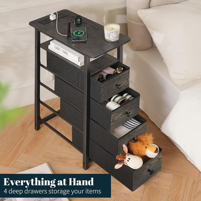 Narrow Dresser for Bedroom, LED Skinny Nightstand with Charging Station, Small Dresser Night Stand, Slim Tall Bedside Table Storage Cabinet, Narrow Side Table for Small Spaces