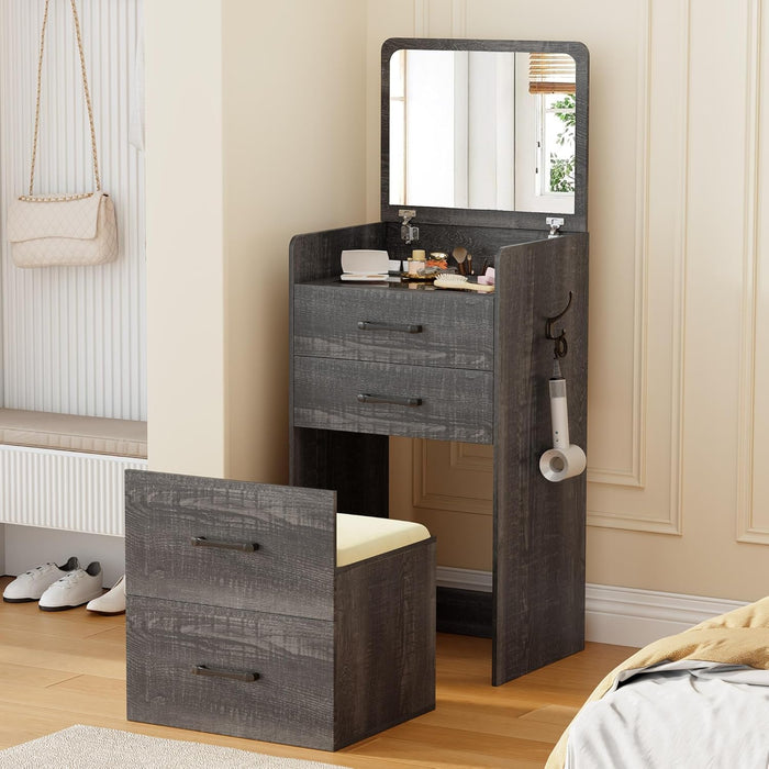 Small 3-In-1 Vanity Desk with Mirror, Compact Makeup Table W/Cushioned Stool, Modern Grils' Dressing Table Vanity Set for Bedroom (Dark Rustic Oak)