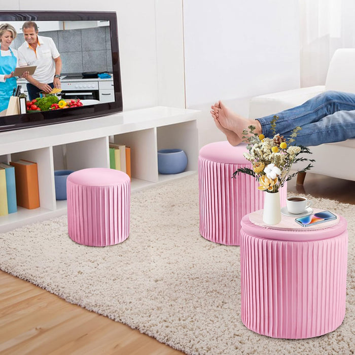 Ottoman Coffee Table,Round Ottoman with Storage Set of 3,Vanity Stool with Storage for Bedroom, Small Velvet Foot Stool for Living Room