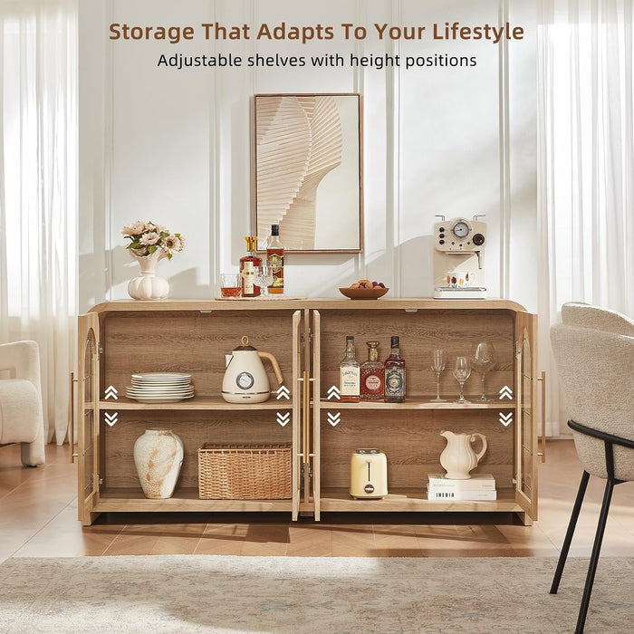 65" Sideboard Buffet Cabinet with Arched Glass Doors, Natural | Modern Wood Sideboard, Spacious Storage Credenza, Adjustable Shelves, Living Room Accent Cabinet, Dining Room & Entryway Use