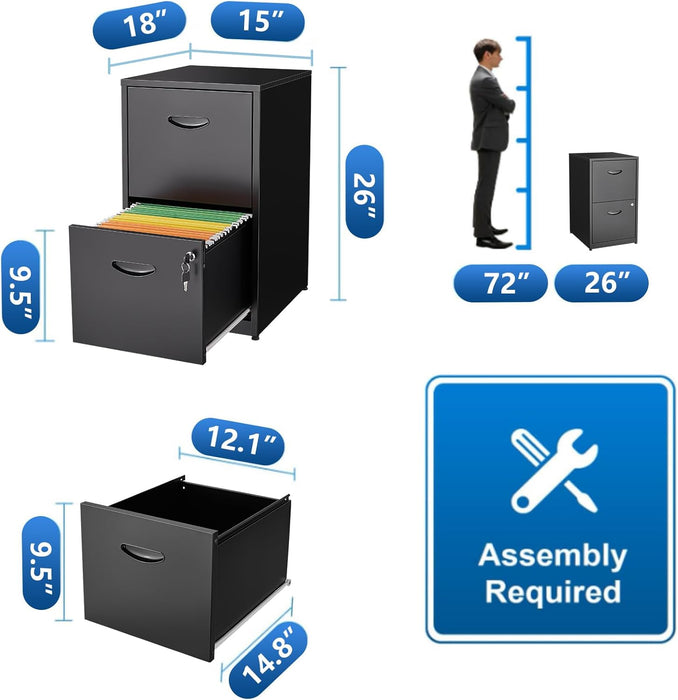2 Drawer Filing Cabinet with Lock, Black Metal File Cabinets for Home Office, Light Duty Locking Vertical File Cabinet, Steel File Storage Cabinet for Hanging Letter Size File - Assembly Required