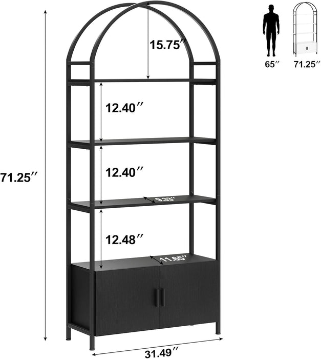 Arched Bookcase With Doors 71Inch Industrial Black