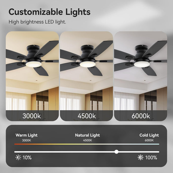42" Ceiling Fans with Lights and Remote/App Control, Low Profile Ceiling Fan with Light, Reversible, Quiet 6 Speeds, Stepless Dimmable, Flush Mount Ceiling Fan for Bedroom Indoor/Outdoor Use