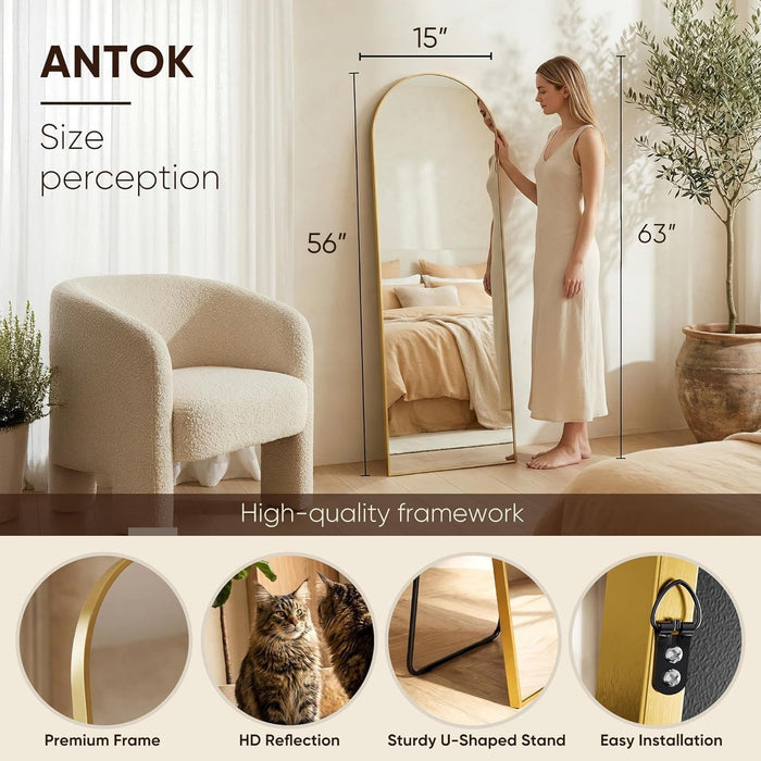 Arched Full Length Mirror, 56"X15" Gold Metal Frame Floor Mirror for Bedroom Living Room, Freestanding/Wall Mount/Leaning