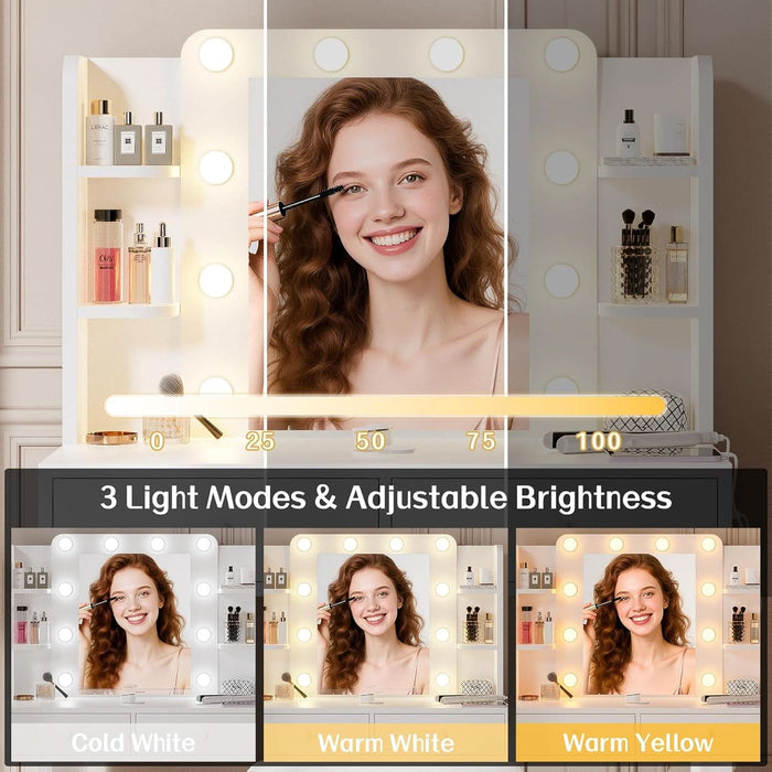 White Vanity Desk with Mirror and Lights, Makeup Vanity with 10 LED Bulbs and 3 Color Modes, Dressing Table Set with Power Outlets, Storage Drawers and Chair for Bedroom
