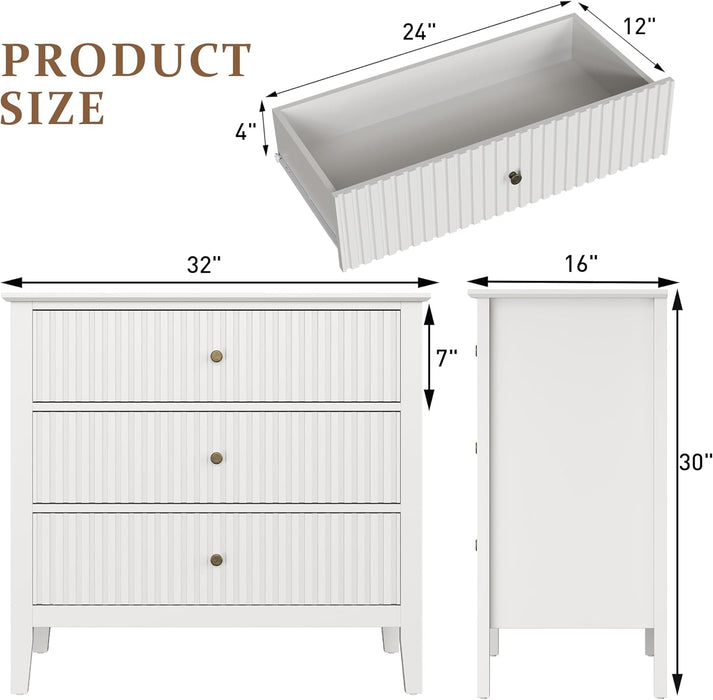 White Fluted 3 Drawer Dresser, 32 Inch Wide Dresser Nightstand for Bedroom, Modern Wood Chest of Drawers, Large Painted Nightstand with 3 Drawers for Closet, Hallway, Entryway