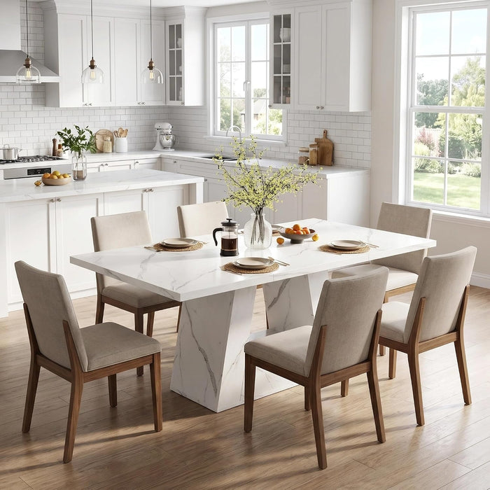 63" Modern Faux Marble Dining Table for 6, Rectangle, White | Kitchen Table, for 4-6 People, MDF, Faux Marble Finish, Heavy Duty Pedestal, for Dining Room, Kitchen, Living Room, White