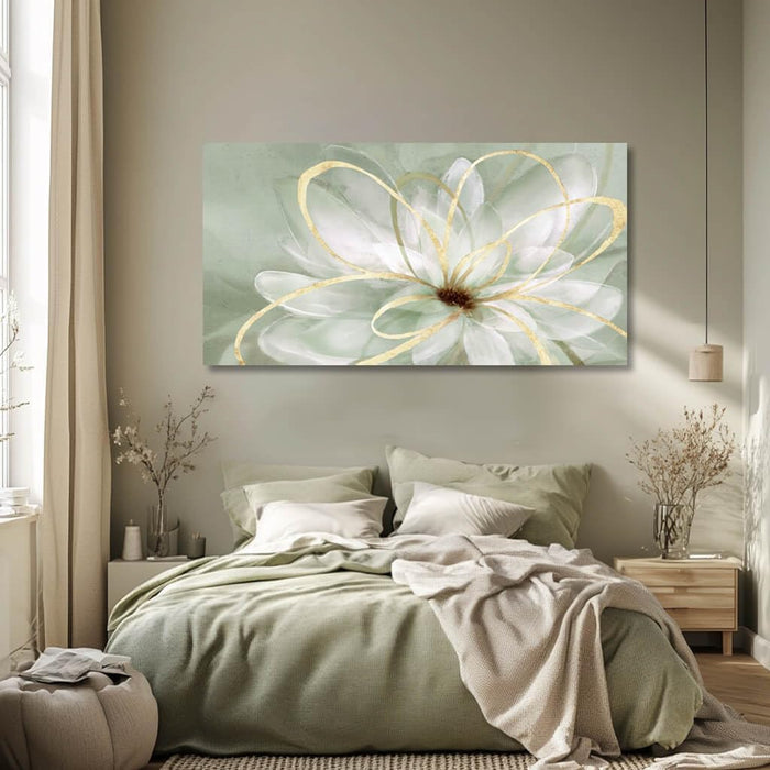 Flower Wall Decor White Blossom Plant Gold Line Canvas Painting Modern Hand Painted Wall Art for Living Room Bedroom Office 29X58 Inch