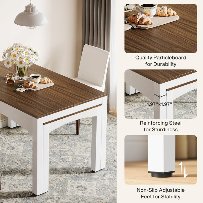 47”-95” Extendable Dining Table, Long Wood Kitchen Table with Heavy-Duty Metal Frame, Farmhouse Large Rectangular Dinner Table for Dining Room, Brown & White