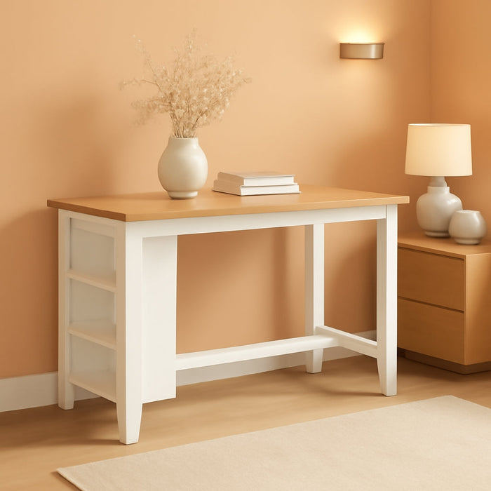 Gesthaven Farmhouse Counter Height Dining Table with 3 Shelves and Trestle Base, Light Brown & White