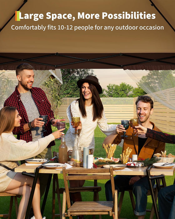 Canopy Tent 12X12 Ft, Pop up Gazebo One-Push Setup with 4 Sandbags for Backyard Parties and Bbqs, Mosquito Netting & Height Adjustable - Khaki & Coffee
