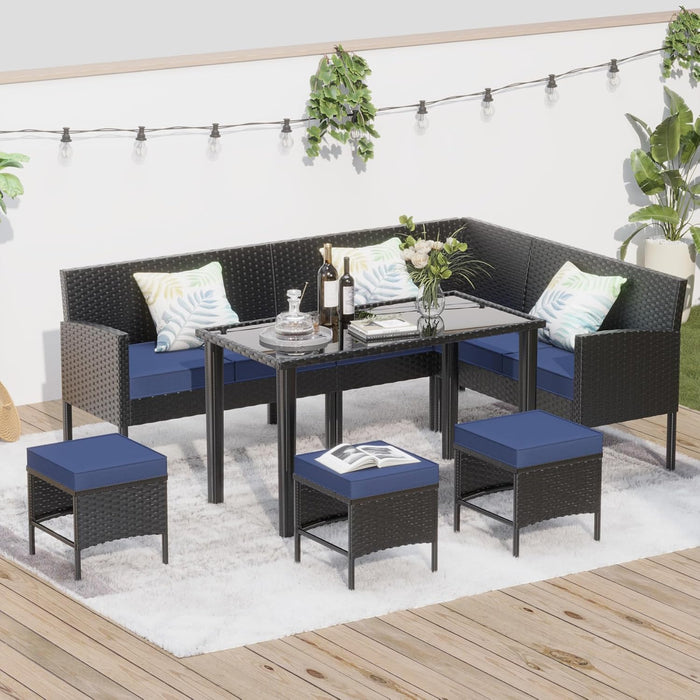 Small Space Patio Furniture Set 7-Piece, Outdoor Sectional Sofa with Waterproof Cushions, Space-Saving Backyard Furniture Set, Glass Table, Perfect for Patio, Garden, Balcony, Dark Blue.