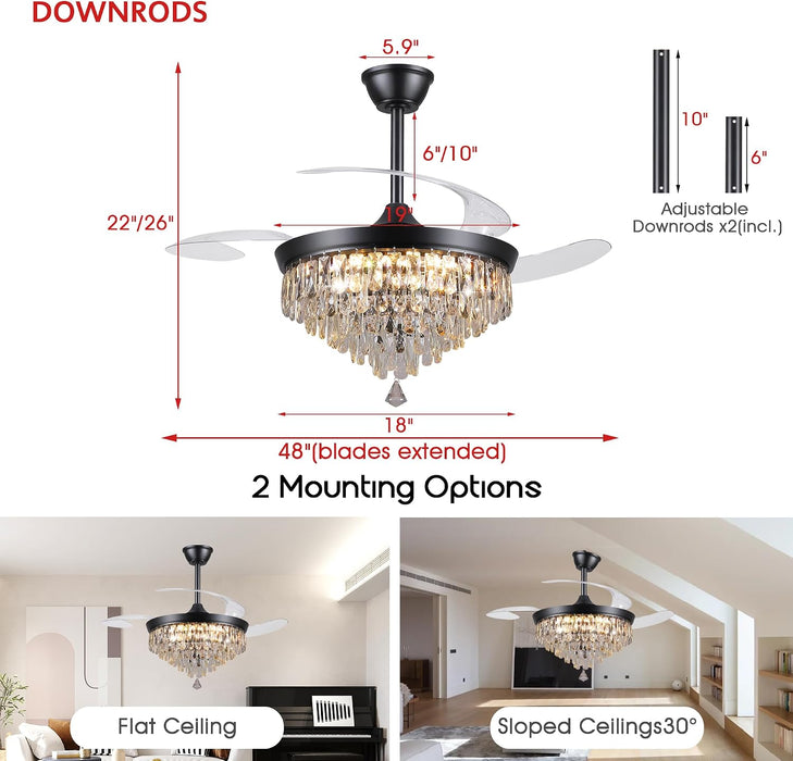 48" Chandelier Ceiling Fan with Lights, Crystal Retractable Fandelier with 3 Color LED Dimmable, Reversible DC Motor, Modern for Bedroom, Living Room (Black
