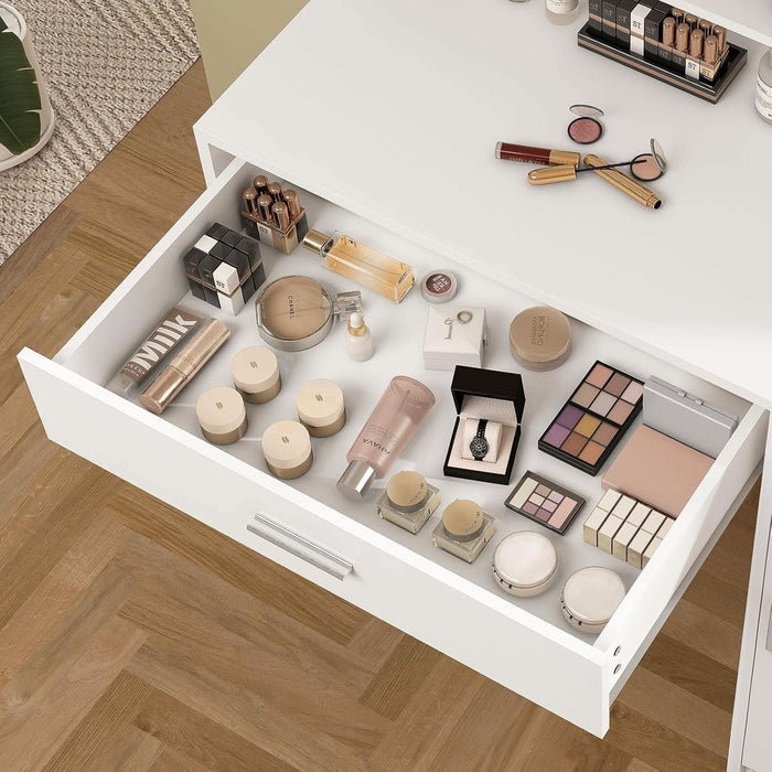 Vanity Desk with Mirror and Lights, Makeup Vanity with 5 Drawers and 3 Storage Shelves, 3 Color Modes & Adjustable Brightness Dressing Table, Vanity for Girls, White