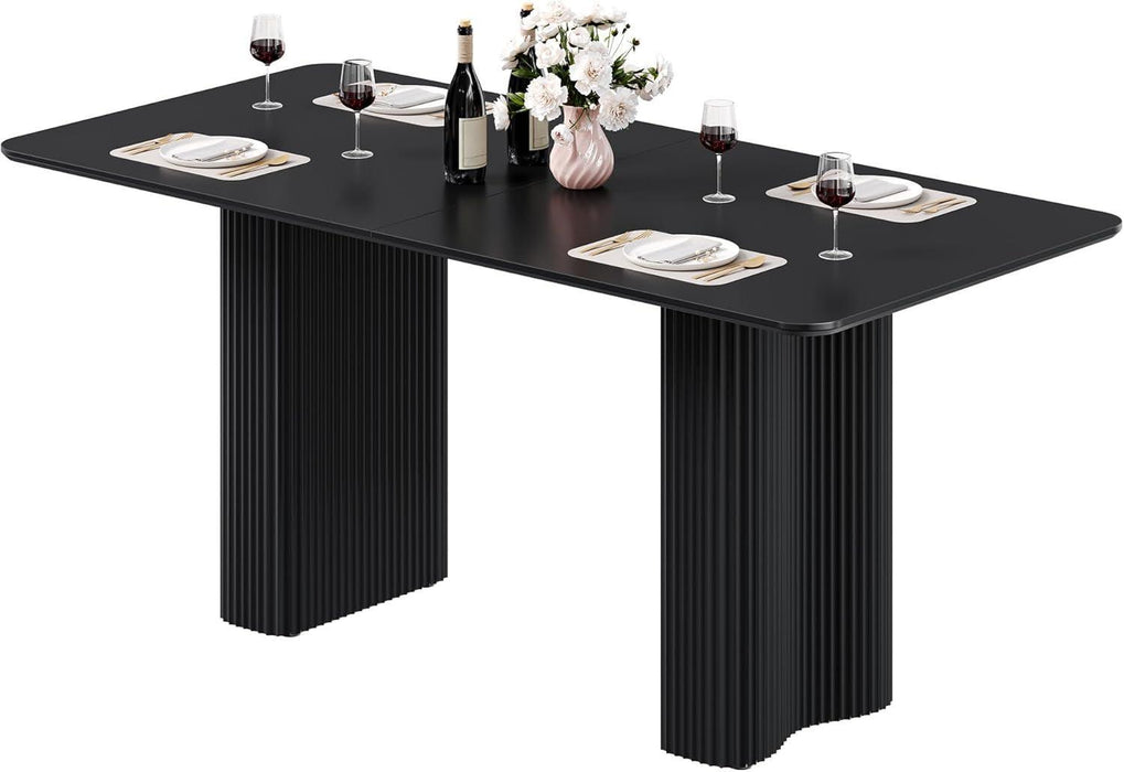 63'' Dining Table for 4-6 People Modern Rectangular Kitchen Table with Solid Wave Curved Legs Large Cream Black Dinner Table for Dining Room Kitchen Home Office Apartment Office Black