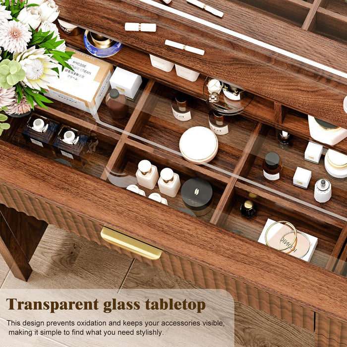 43.3'' Vanity Desk with Mirror and Lights, with Glass Tabletop, with 5 Drawers & Shelves,Makeup Vanity Set for Bedroom, Walnut1
