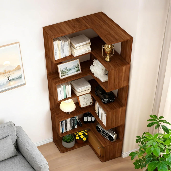 Corner Bookshelf, 6 Tier Corner Bookcase Tall,78.7" L Shaped Bookshelf, Walnut Corner Shelf for Home Office, Living Room,Bedroom