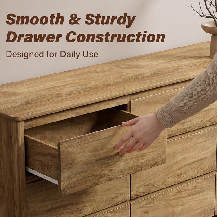 63" Wide 9 Drawer Wood Dresser for Bedroom with Legs, Natural Oak