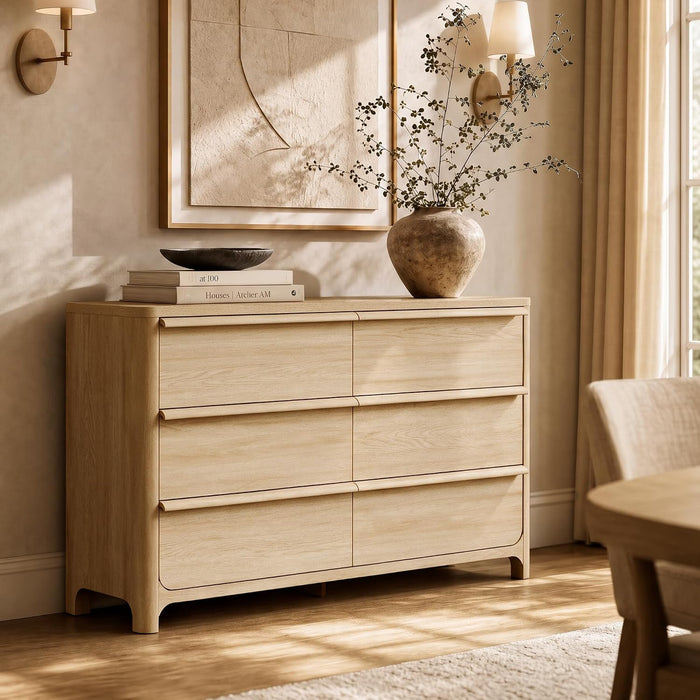 6 Drawer Dresser for Bedroom, 57" Wide Chest of Drawers, Natural