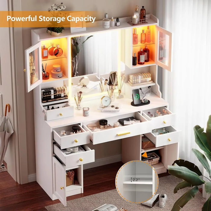 White Vanity Desk with Mirror Lights and Charging Station Large Makeup Table Set with Cabinets and 3 LED Light Modes