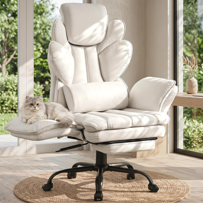 Flip Armrests Criss Cross Office Chair, Reclining Office Chair with Foot Rest, Adjustable Headrest, Massage Waist Pillow, Cross Legged Big and Tall Desk Chair Wide Seat Vanity Chair, White PU Leather