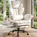 Flip Armrests Criss Cross Office Chair, Reclining Office Chair with Foot Rest, Adjustable Headrest, Massage Waist Pillow, Cross Legged Big and Tall Desk Chair Wide Seat Vanity Chair, White PU Leather