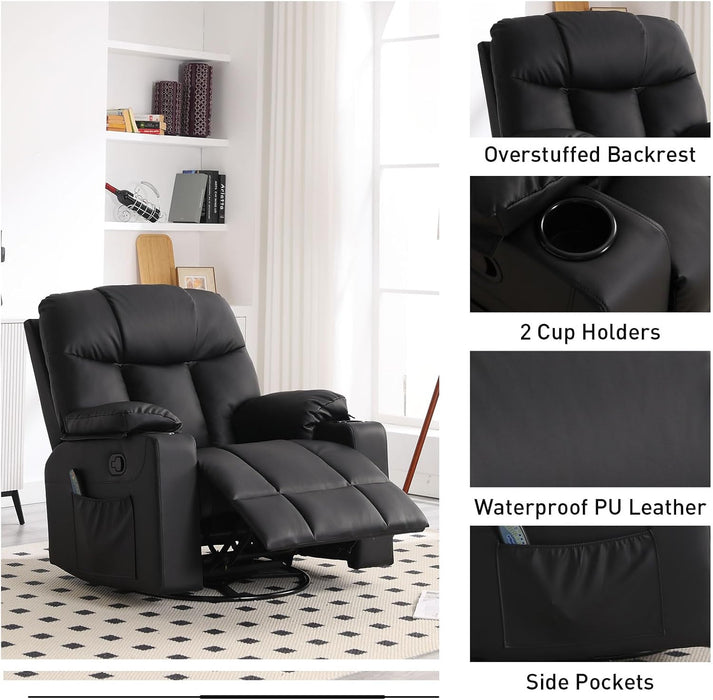 Oversized Swivel Rocker Recliner, Rocking Recliner Chair, Black