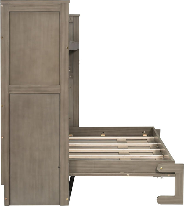 Twin XL Size Murphy Bed Cabinet Bed with Desk and USB Charging Station, Foldable Platform Bed Frame with Storage, Gray Wash