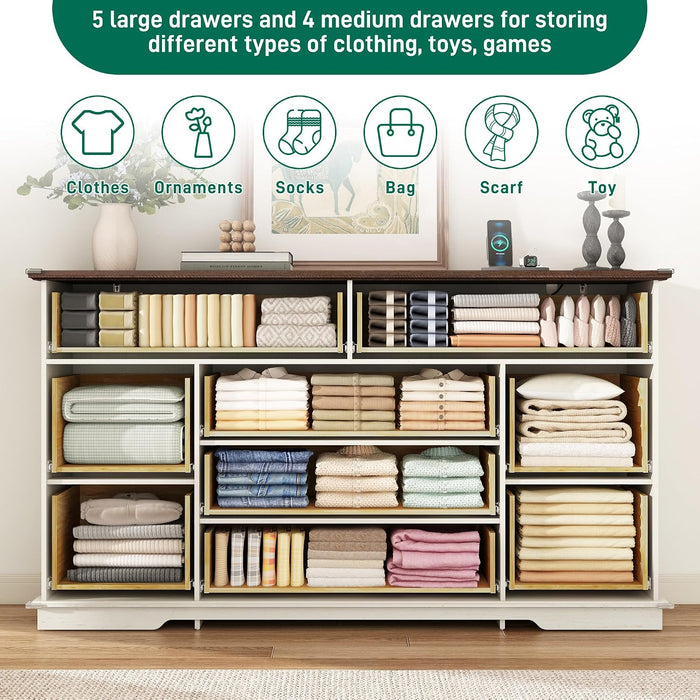 Farmhouse 9 Drawer Dresser for Bedroom,63” Wood Dresser & Chest of Drawers with Power Outlets,Large & Wide Dressers for Bedroom,Tall Storage Dresser Organizer(White)