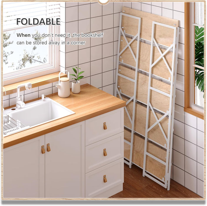 Extra Wide 5 Tiers No Assembly Book Shelves, 51.2" H Folding Bookshelf Bookcase Open Industrial Foldable Shelves for Bedroom, Living Room, Home Office - Natural White